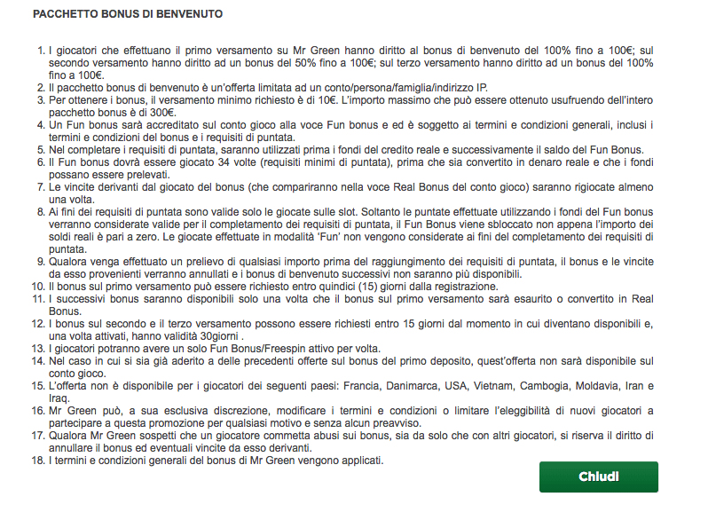 mr green codice bonus termini condizioni
