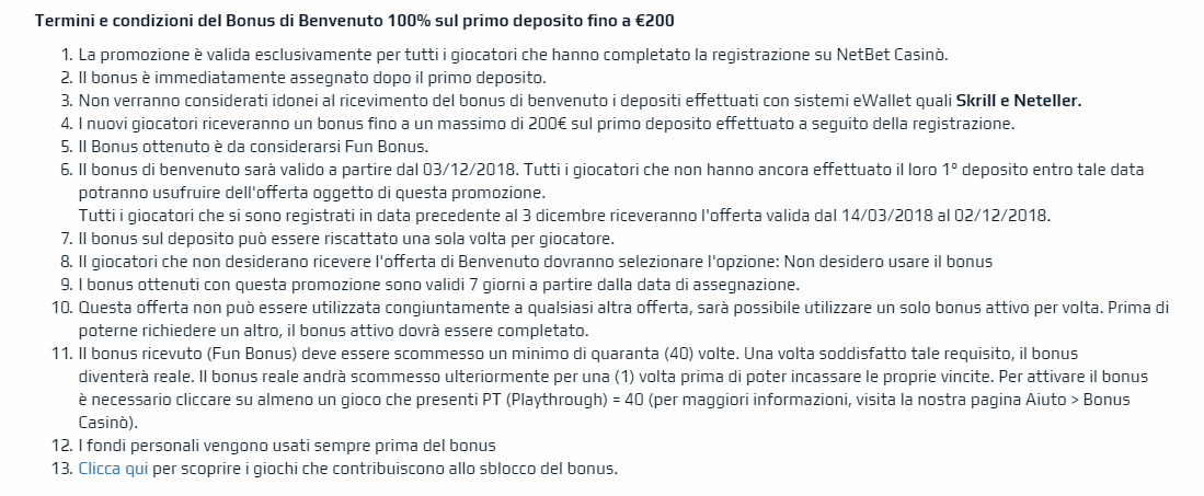 termini condizioni netbet bonus
